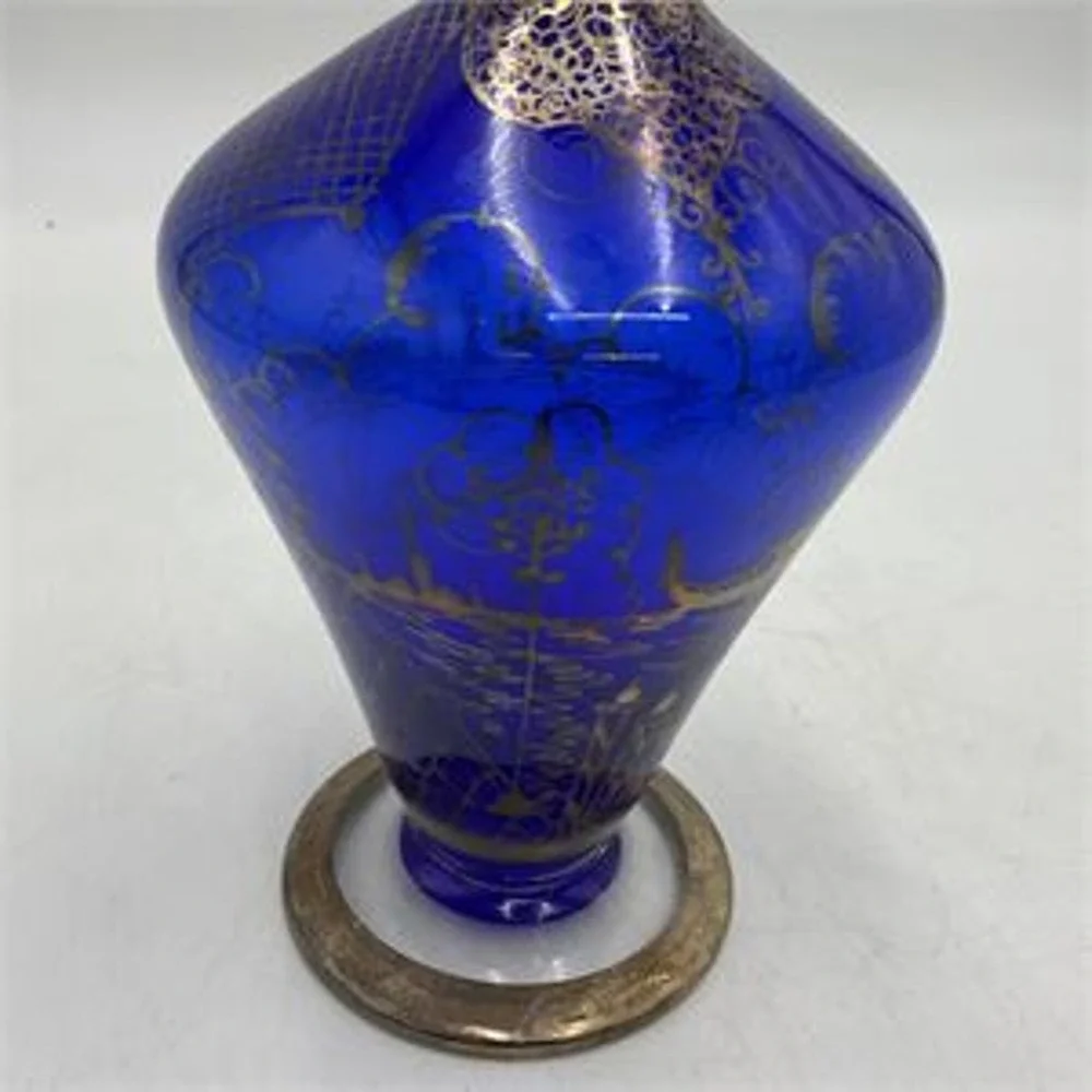 Vintage Cobalt Blue Glass Decanter Silver Overlay Venetian Gondola & Stopper
